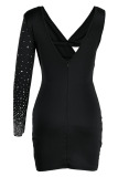 Black Fashion Sexy Patchwork Hot Drilling Hollowed Out Backless V Neck Long Sleeve Dresses