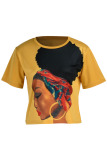 Yellow Casual Print Patchwork O Neck T-Shirts