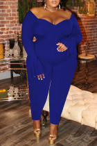 Deep Blue Sexy Solid Patchwork V Neck Plus Size Jumpsuits