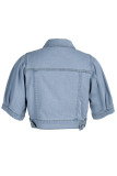 Blue Fashion Casual Letter Print Patchwork Beading Turndown Collar Half Sleeve Regular Denim Jacket