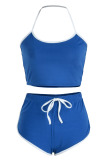 Blue Fashion Casual Solid Patchwork Backless Halter Sleeveless Two Pieces