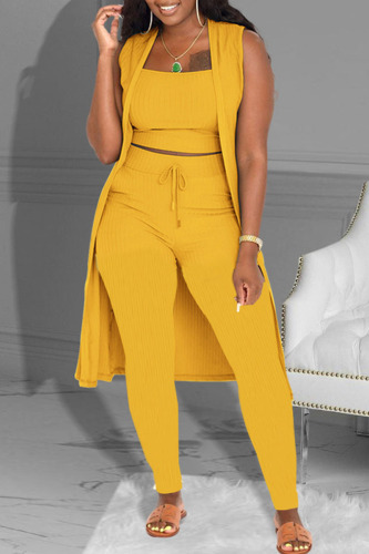 Yellow Fashion Casual Solid Patchwork Sleeveless Three-piece Set
