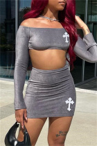 Grey Fashion Sexy Solid Patchwork Backless Off the Shoulder Long Sleeve Two Pieces