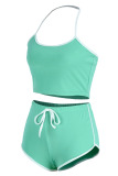Green Fashion Casual Solid Patchwork Backless Halter Sleeveless Two Pieces