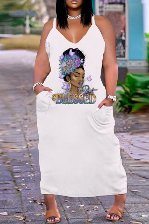 White Purple Sexy Casual Plus Size Print Backless V Neck Sling Dress