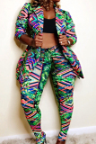 Camouflage Fashion Casual Print Cardigan Pants Turndown Collar Plus Size Two Pieces