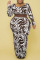 Coffee Sexy Print Patchwork O Neck One Step Skirt Plus Size Dresses(Contain The Belt)