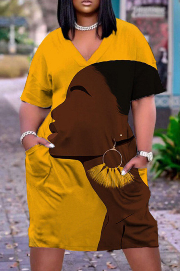 Yellow Brown Fashion Casual Print Patchwork V Neck Short Sleeve Dress