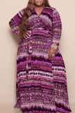 Red Casual Print Bandage Patchwork V Neck Long Sleeve Plus Size Dresses