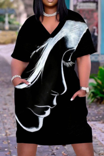 Black White Fashion Casual Print Patchwork V Neck Short Sleeve Dress