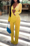 Yellow Sexy Solid Patchwork Frenulum See-through Backless Asymmetrical V Neck Long Sleeve Two Pieces