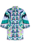 Green Casual Print Patchwork Buckle Turndown Collar Half Sleeve Two Pieces