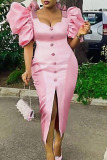 Pink Elegant Solid Patchwork Buttons Slit Square Collar Evening Dress Plus Size Dresses