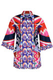 Purple Casual Print Patchwork Buckle Turndown Collar Half Sleeve Two Pieces