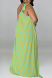 Green Casual Print Polka Dot Bandage Patchwork Oblique Collar A Line Plus Size Dresses
