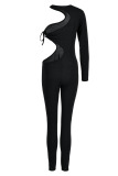 Coffee Sexy Solid Bandage Hollowed Out Patchwork O Neck Regular Jumpsuits
