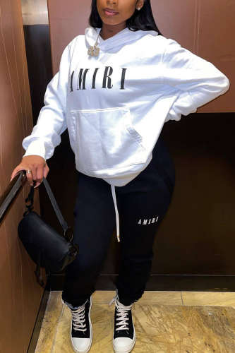 White Black Casual Print Patchwork Hooded Collar Long Sleeve Two Pieces