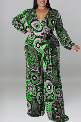 Green Casual Print Bandage Patchwork V Neck Plus Size Jumpsuits