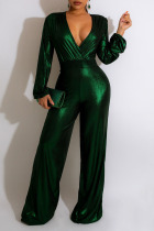 Green Sexy Solid Patchwork V Neck Straight Jumpsuits