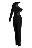 Blue Sexy Solid Bandage Hollowed Out Patchwork O Neck Regular Jumpsuits
