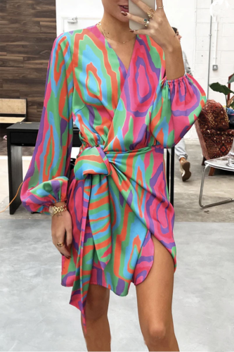 Red Casual Print Patchwork V Neck Irregular Dress Dresses
