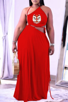 Red Sexy Print Patchwork Frenulum Backless Asymmetrical Halter Long Dress Dresses