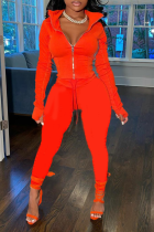 Red Casual Solid Draw String Turndown Collar Long Sleeve Two Pieces
