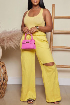 Yellow Casual Solid Ripped Patchwork U Neck Sleeveless Two Pieces