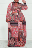 Red Casual Print Bandage Patchwork O Neck Plus Size Two Pieces