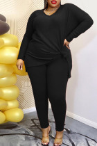 Black Casual Solid Patchwork Slit V Neck Plus Size Two Pieces