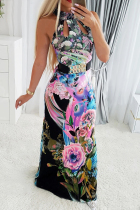 Black Fashion Casual Print Hollowed Out O Neck Sleeveless Dress (Without Belt)