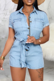 Dark Blue Casual Solid Patchwork Turndown Collar Straight Rompers