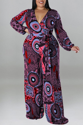 Red Casual Print Bandage Patchwork V Neck Plus Size Jumpsuits
