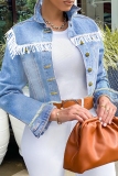 Deep Blue Fashion Casual Solid Tassel Patchwork Turndown Collar Long Sleeve Regular Denim Jacket