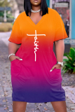 Orange White Fashion Casual Print Patchwork V Neck Short Sleeve Dress