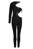 Black Sexy Solid Bandage Hollowed Out Patchwork O Neck Regular Jumpsuits
