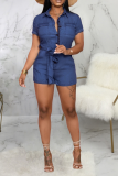 Dark Blue Casual Solid Patchwork Turndown Collar Straight Rompers