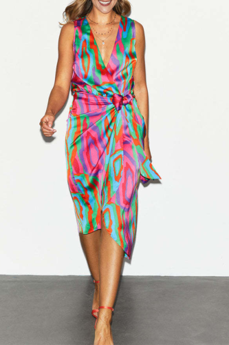 Red Casual Print Patchwork V Neck Waist Skirt Dresses