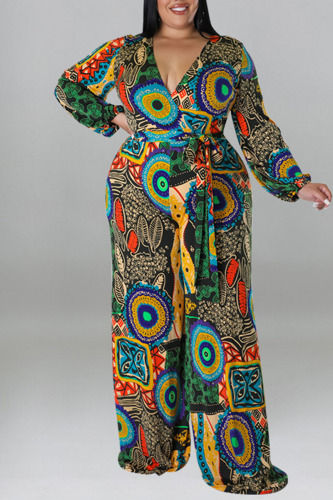 Blue Casual Print Bandage Patchwork V Neck Plus Size Jumpsuits