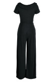 Black Casual Solid Patchwork V Neck Straight Jumpsuits