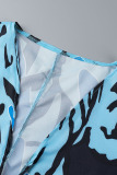 Blue Sexy Print Patchwork Swimwears Two Piece Set