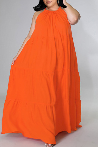 Tangerine Red Sexy Solid Patchwork Spaghetti Strap Straight Plus Size Dresses