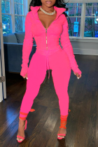 Pink Casual Solid Draw String Turndown Collar Long Sleeve Two Pieces
