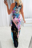 Black Fashion Casual Print Hollowed Out O Neck Sleeveless Dress (Without Belt)