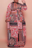 Coffee Casual Print Bandage Patchwork O Neck Plus Size Two Pieces