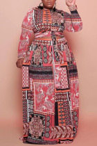 Red Casual Print Bandage Patchwork O Neck Plus Size Two Pieces