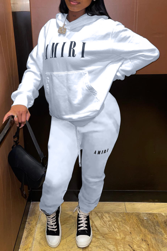 White Casual Print Patchwork Hooded Collar Long Sleeve Two Pieces