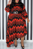 Coffee Casual Print Patchwork With Belt O Neck Irregular Dress Plus Size Dresses