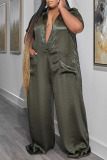 Green Sexy Solid Patchwork Pocket V Neck Plus Size Jumpsuits