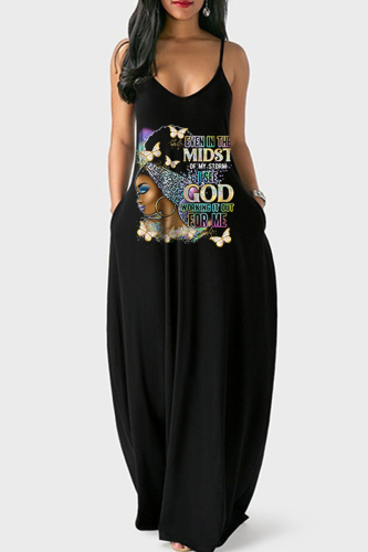 Black Gold Sexy Casual Print Backless Spaghetti Strap Long Dress